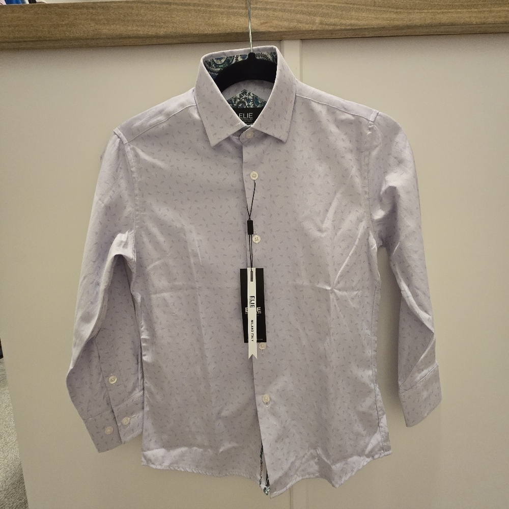 Elie Balleh Milano Italy Boys' Paisley Trim, Purple Button Down Shirt